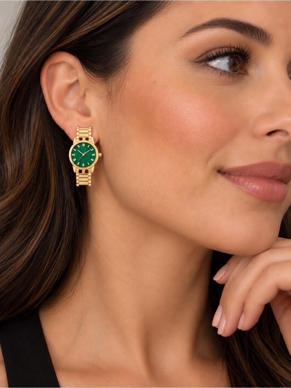 Gold Tone Green Watch Face Earrings
